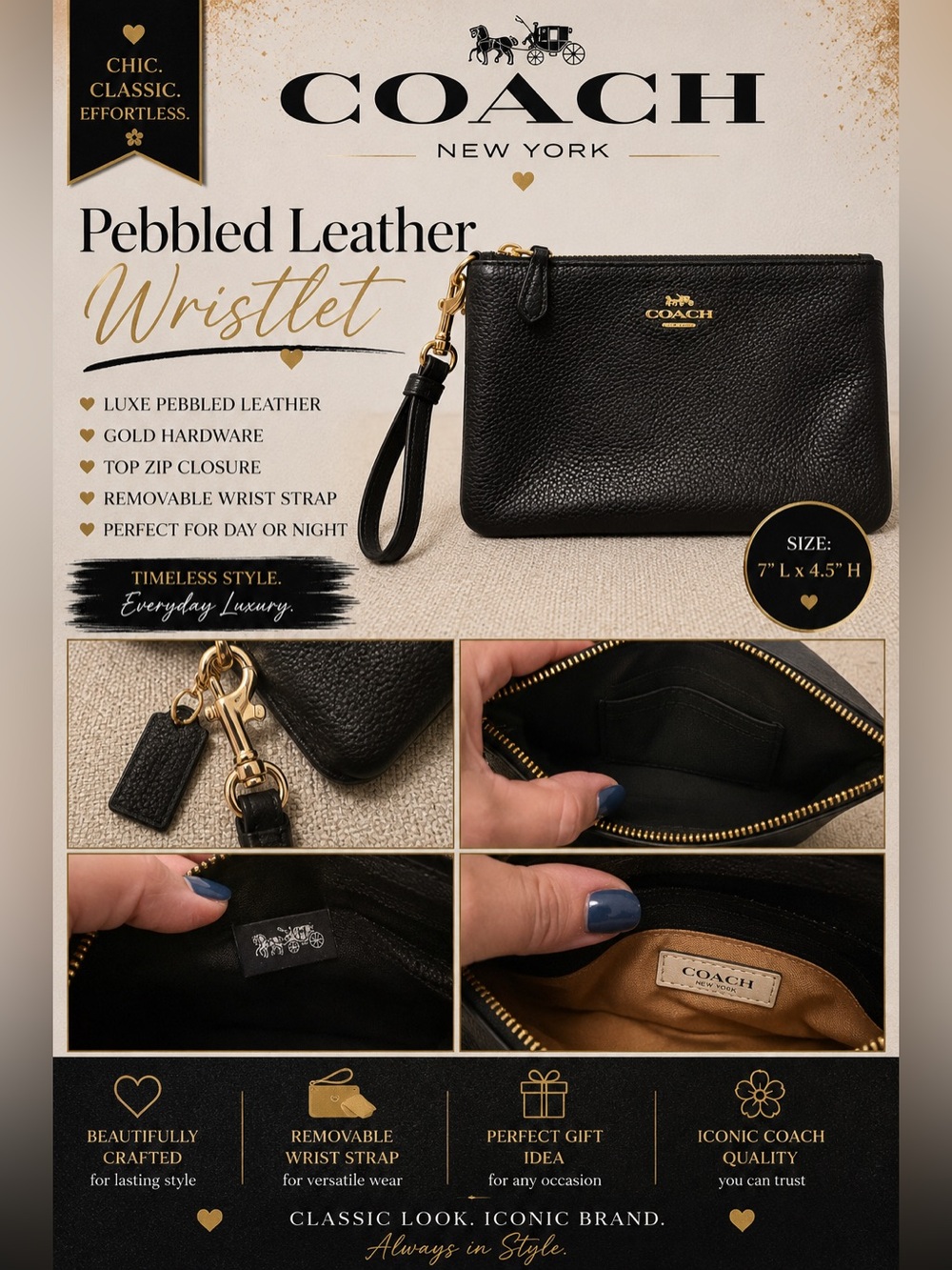 COACH Black Pebbled Leather Wristlet with Gold Hardware